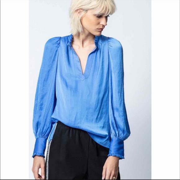Zadig and Voltaire blue titu satin top NWT bleuet button sleeve - Picture 1 of 7